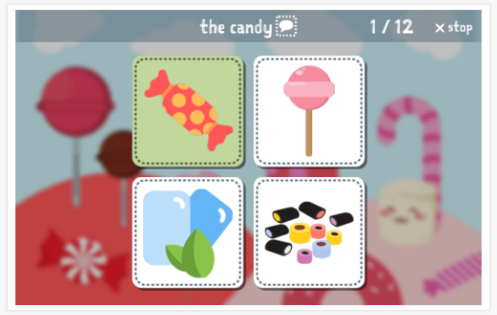 Candy theme Language test (reading and listening) of the app English for children