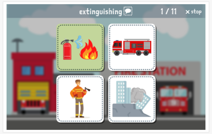 Fire brigade theme Language test (reading and listening) of the app English for children