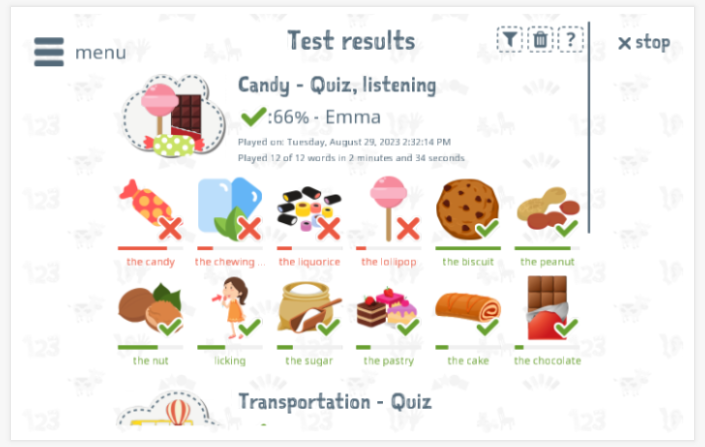 Test results provide insight into the child's vocabulary knowledge of the Candy theme