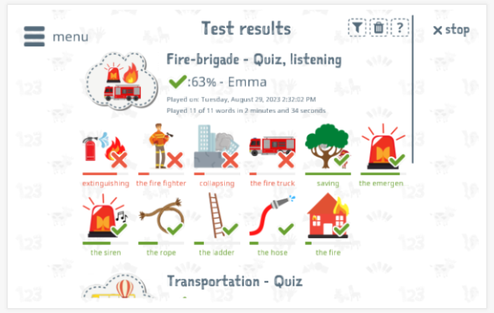 Test results provide insight into the child's vocabulary knowledge of the Fire brigade theme