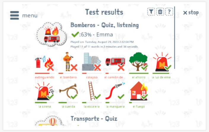 Test results provide insight into the child's vocabulary knowledge of the Fire brigade theme