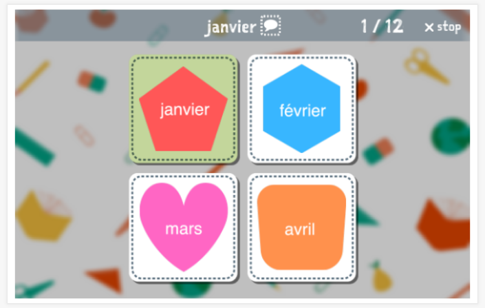 Months of the year theme Language test (reading and listening) of the app French for children