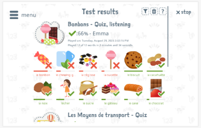 Test results provide insight into the child's vocabulary knowledge of the Candy theme