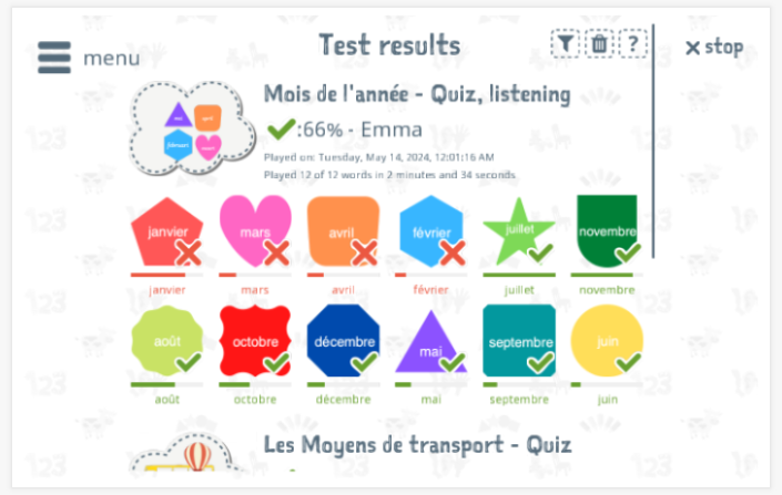 Test results provide insight into the child's vocabulary knowledge of the Months of the year theme